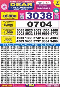 Nagaland State Lottery: Dear 10 7 PM Result 26/03/2025